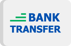 Bank-transfer | Rayness Analytica I Professional Services Marketplace Bank Transfer logo in blue text with green speed lines on a light gray rounded card background